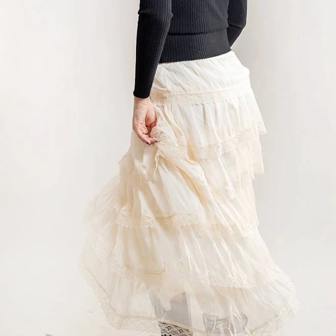skirt Tiered Chiffon Lace Midi Skirt Flea Style $78