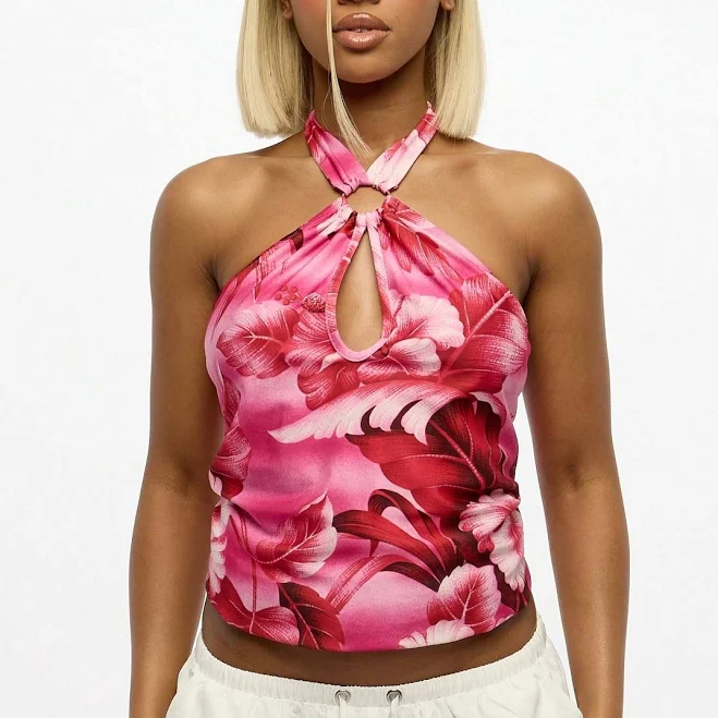 top Tropical Floral Halter Cross-Front Crop Top missguided $12.53