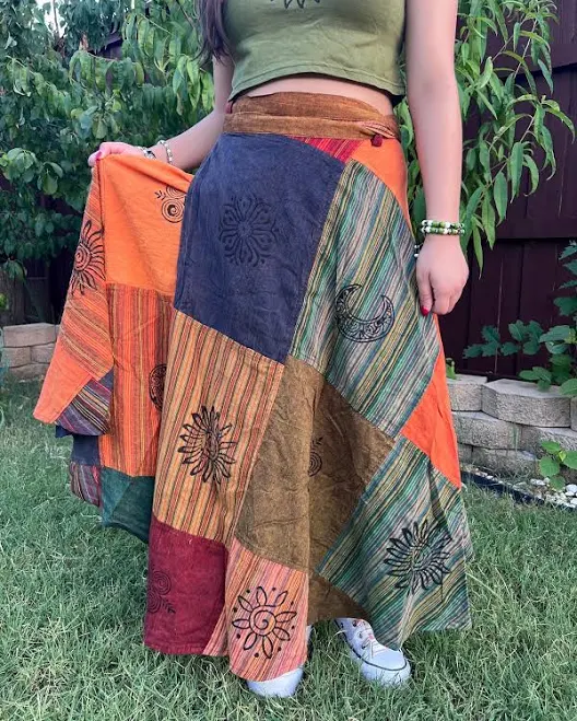 skirt Vintage Gypsy Tribal Block Print Patchwork Cotton Midi Skirt Etsy - Seller $39.9