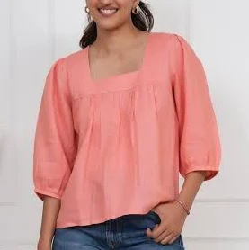 top Washed Rose Square Neck Linen Tunic with Puff Sleeves Etsy - Seller $105.99