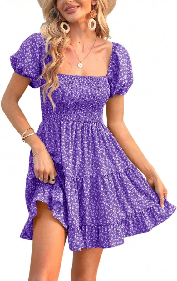 dress Women's Boho Floral Print Puff Sleeve Square Neck Mini Dress Shein $18.69
