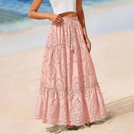 skirt Women's Boho Lace Embroidery High Waist Flowy Maxi Skirt Walmart - Daiosportswear $36.89