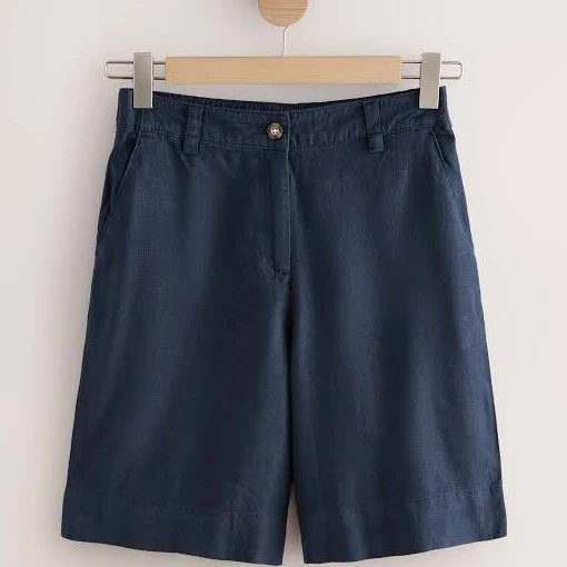 trousers Womens NEXT Navy Blue Linen Blend Bermuda Shorts Next USA $37
