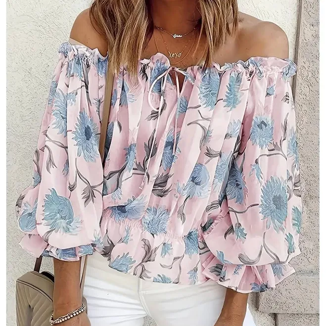 top Women's Off-Shoulder Floral Chiffon Blouse TikTok Shop $4.54
