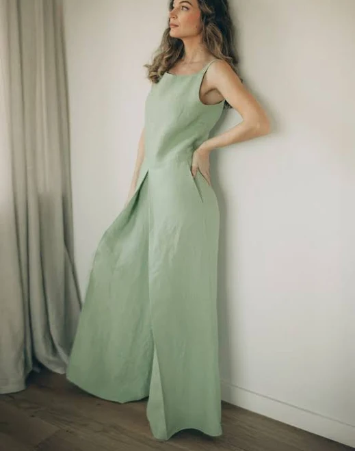 jumpsuit Women's Pleated Front Wide Leg Linen Jumpsuit VisibleArt $175