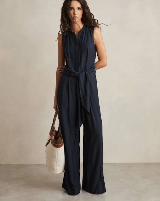 jumpsuit Womens Reiss Navy Raven Wide-leg Belted Jumpsuit Reiss $146