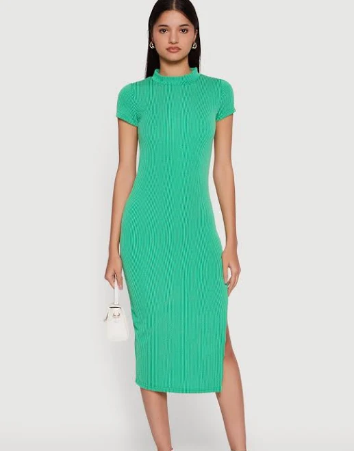 dress Women's Rib Knit Side Slit Mock Neck Midi Dress Rainbow Shops $8.99