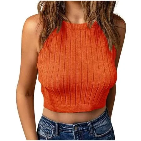 top Women's Ribbed Halter Neck Knit Crop Top Walmart - DailyClosetVibe $8.53
