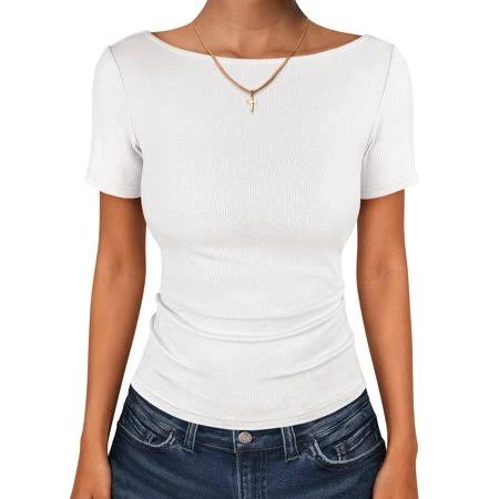 top Women's Ribbed Knit Boat Neck Short Sleeve T-Shirt Walmart - ANRABESS FASHION $9.99