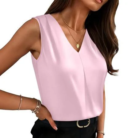 top Women's Satin V-Neck Sleeveless Pleated Front Tank Tops Walmart - Ruimatai Official Store $15.99