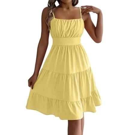dress Women's Sleeveless A-Line Spaghetti Strap Tiered Midi Dress Walmart - SweetDeals Styles $17.99