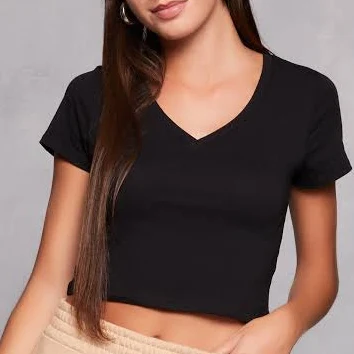 top Womens Solid Cropped V Neck Tee, Black, Size L - Rainbow Shops Rainbow Shops $5.99