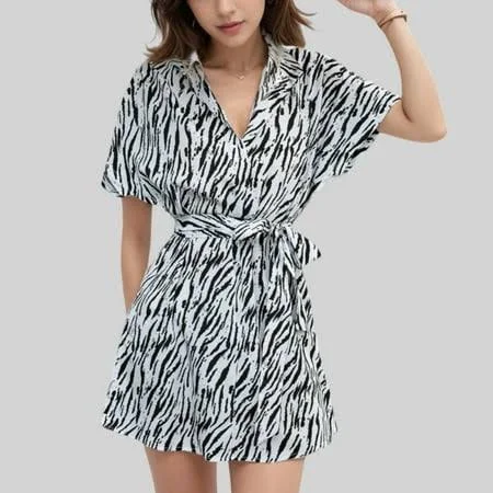 romper Women's Zebra Print Romper with Collared V-Neck and Waist Tie Walmart - FashionWorks $20.99