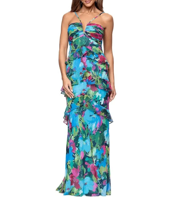 dress Xscape Women's Jayla Print Chiffon Tiered Ruffle Gown Dillard's $258
