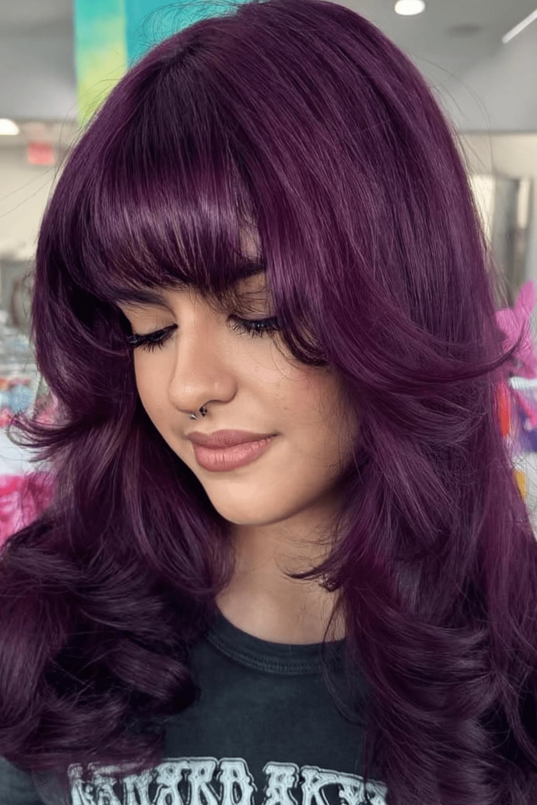 Medium Purple Collarbone Layers With Violet Highlights — Purple Hair Color Styles