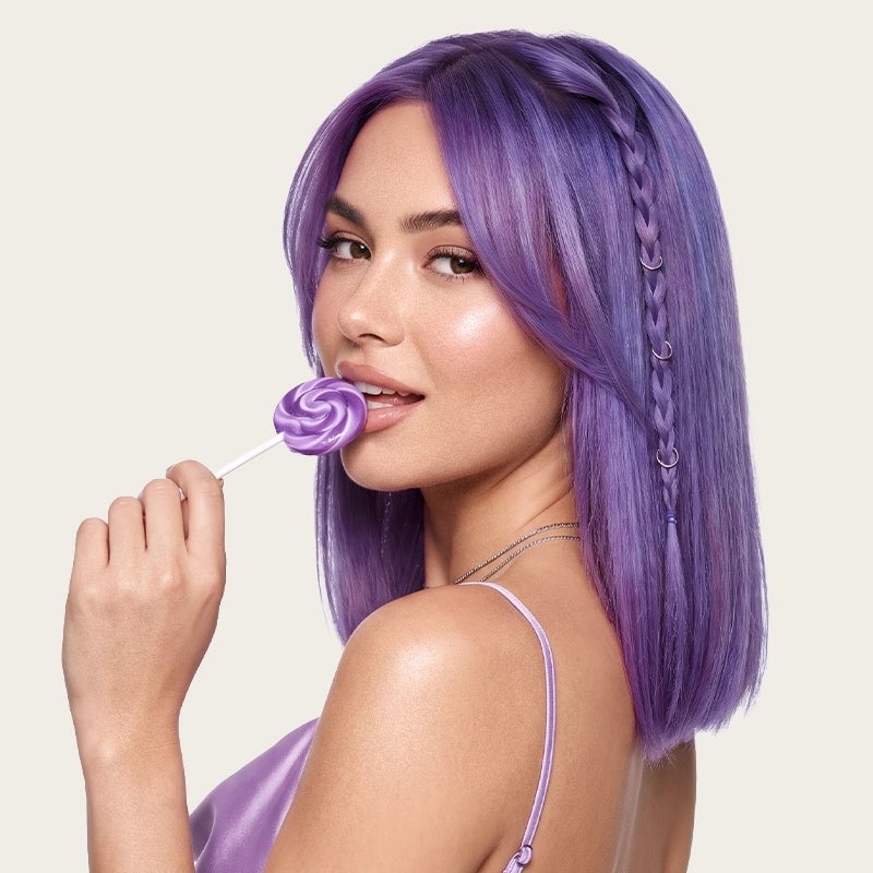 Solid Vibrant Purple Long Bob With Side-Swept Bangs — Purple Hair Color Styles