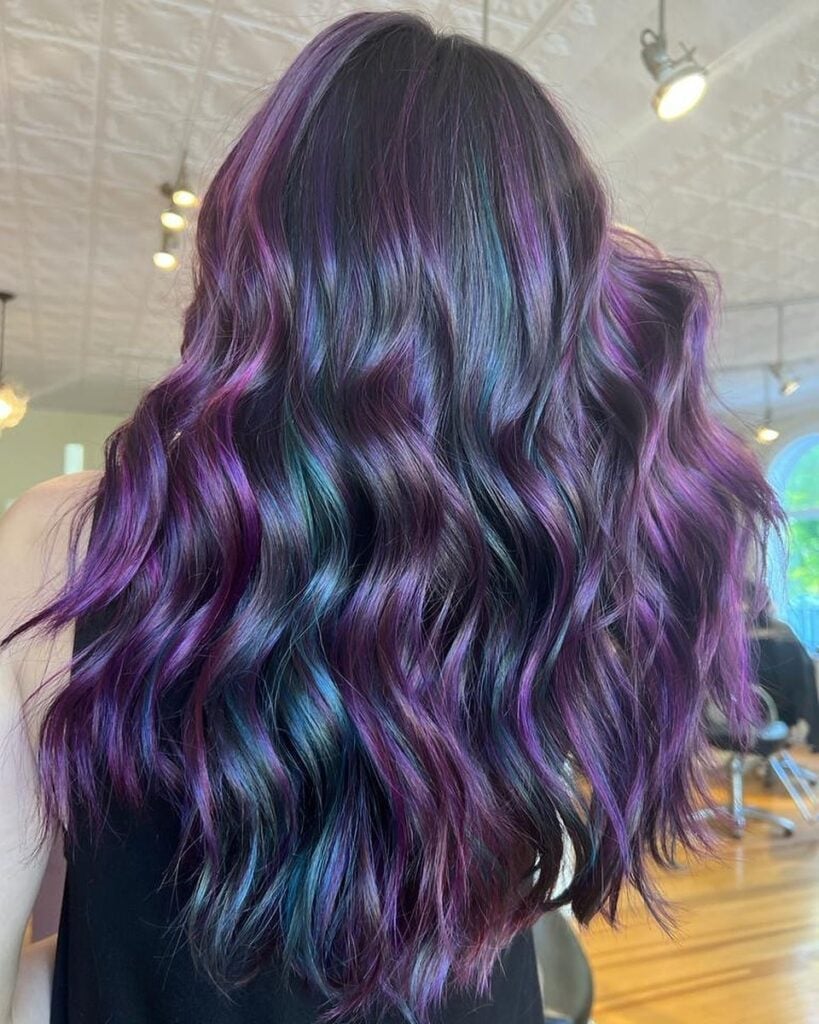 Dark Base With Iridescent Purple, Teal, Blue Highlights — Purple Hair Color Styles