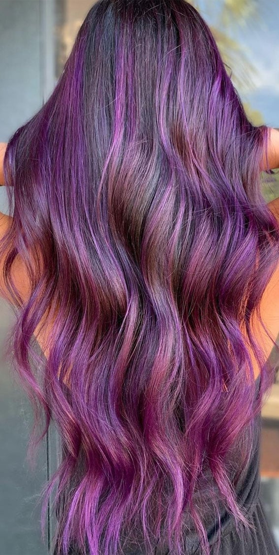Dark Base With Purple And Pink Highlights, Mid-Back — Purple Hair Color Styles
