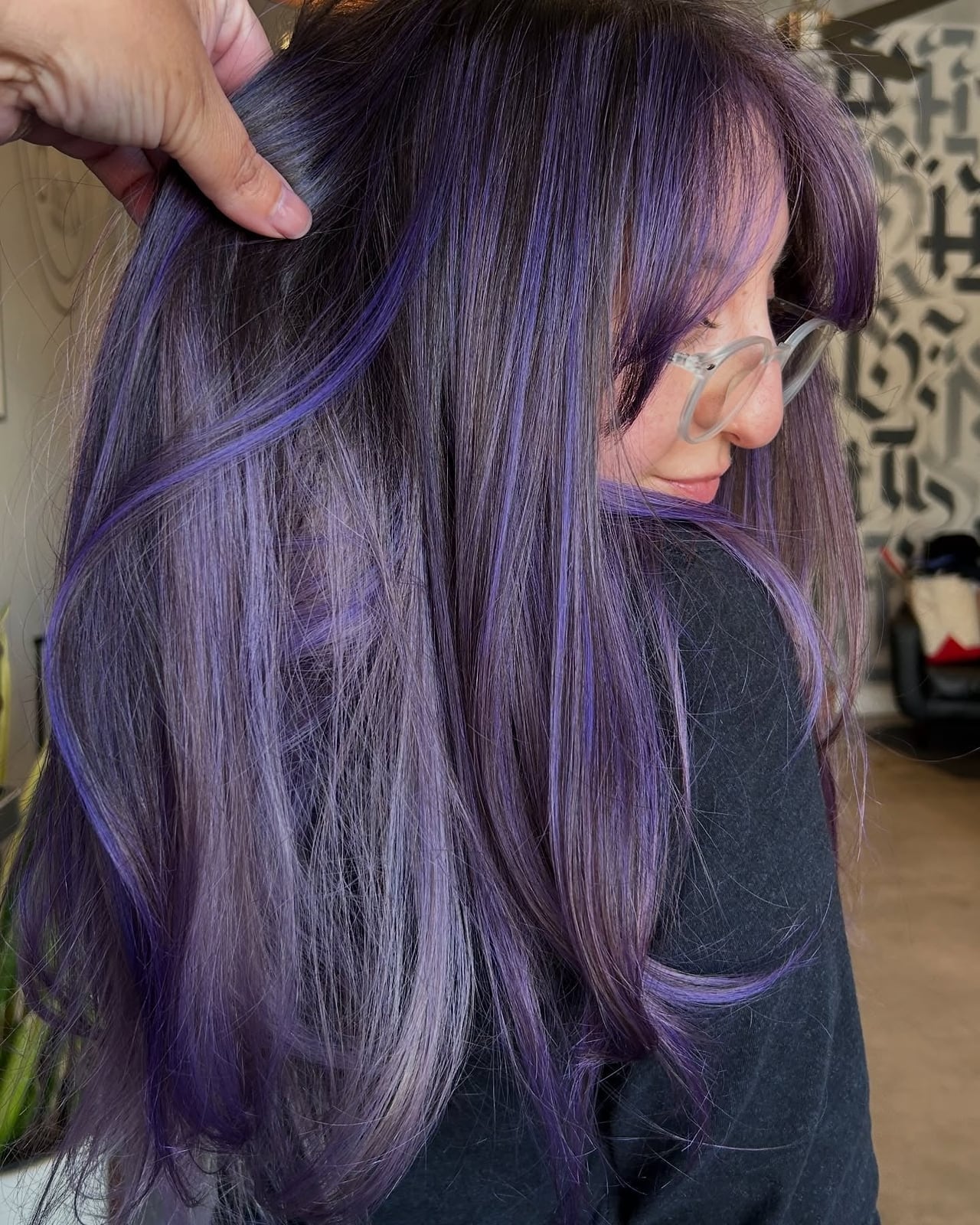 Medium Purple With Violet Streaks And Curtain Bangs — Purple Hair Color Styles