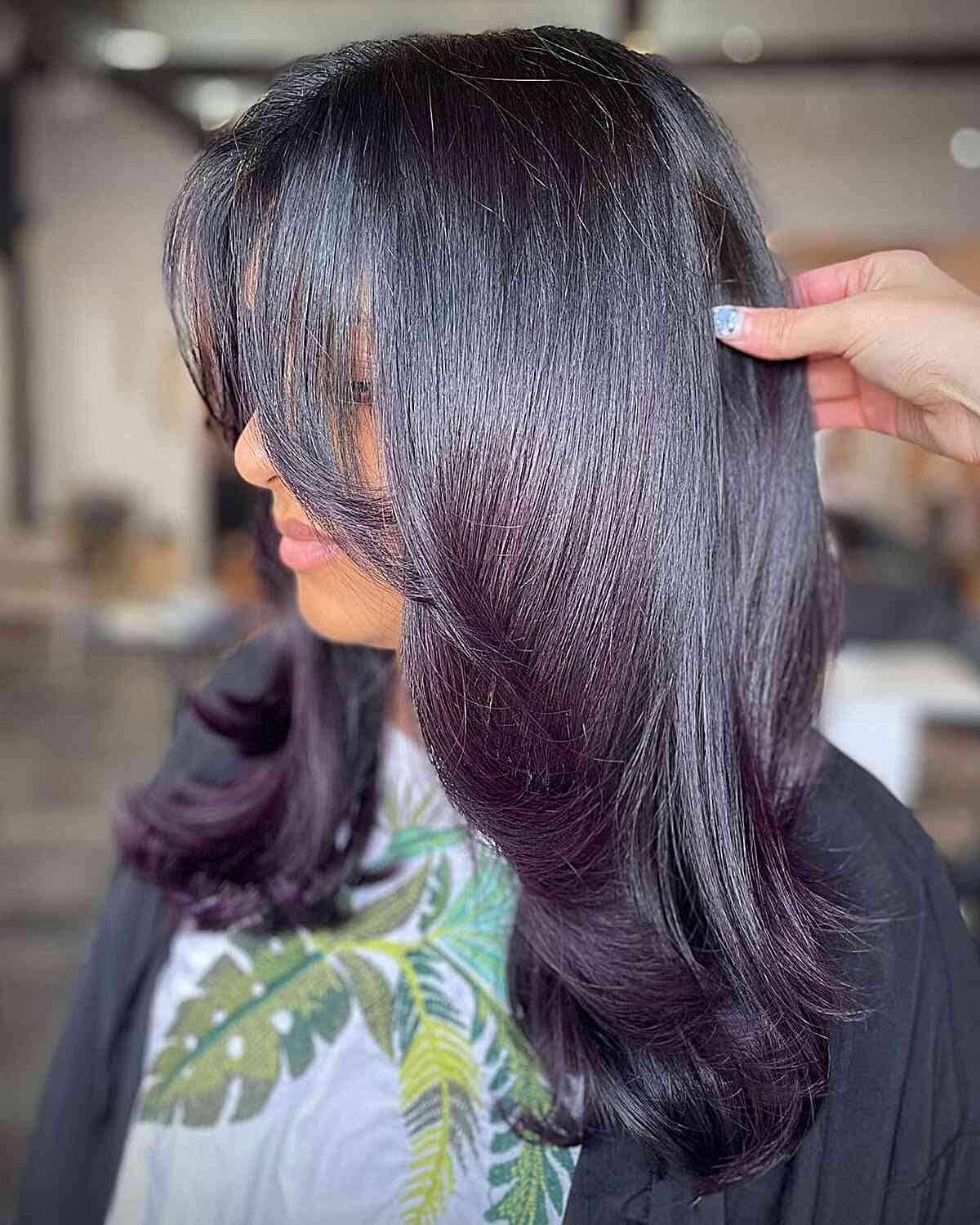 Subtle Midnight Purple Lob With Curtain Bangs — Purple Hair Color Styles