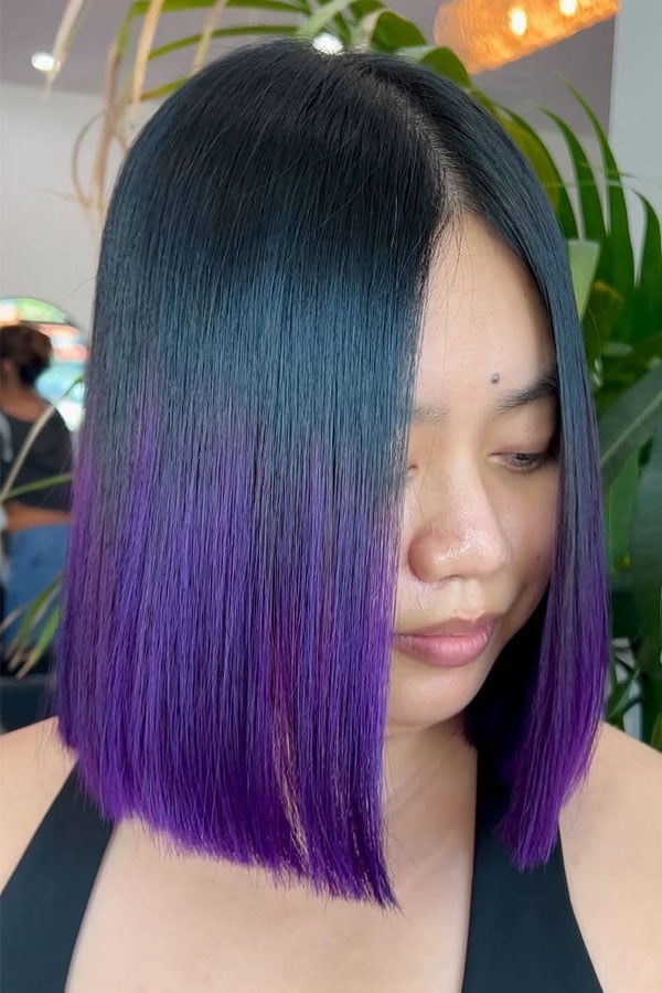 Dark Brown to Vibrant Purple Ombre Lob — Purple Hair Color Styles