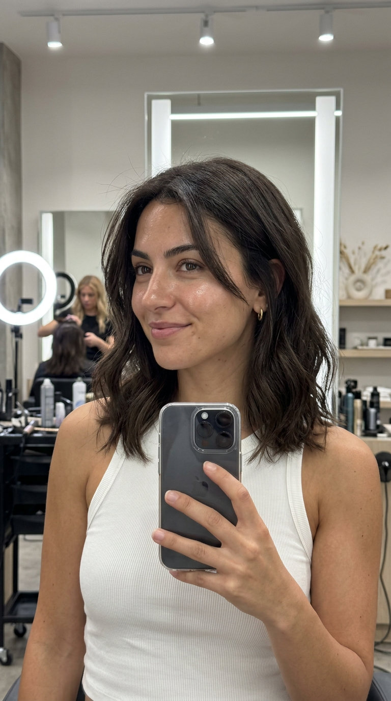 collarbone-length espresso brunette lob with raw cacao neutral-cool undertones, soft internal layers, soft romantic
