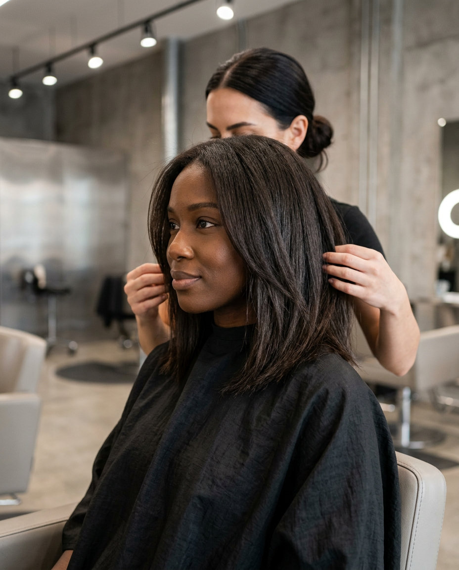 shoulder-length espresso brunette lob with raw cacao cool-neutral matte finish, point-cut ends, modern chic