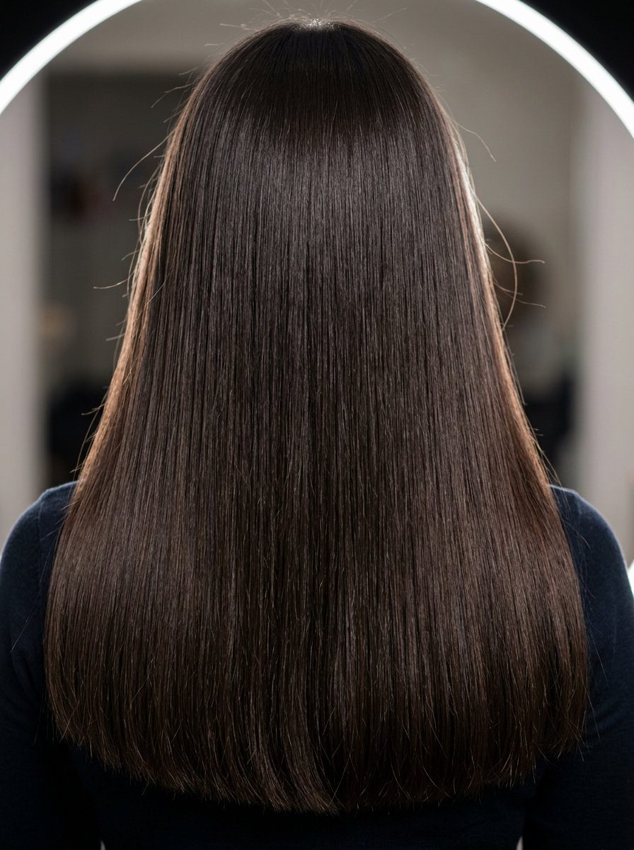 Raw Cacao Brown Hair 2026: Bold & Glossy long blunt cut raw cacao brown hair with uniform saturation, glass hair finish for summer