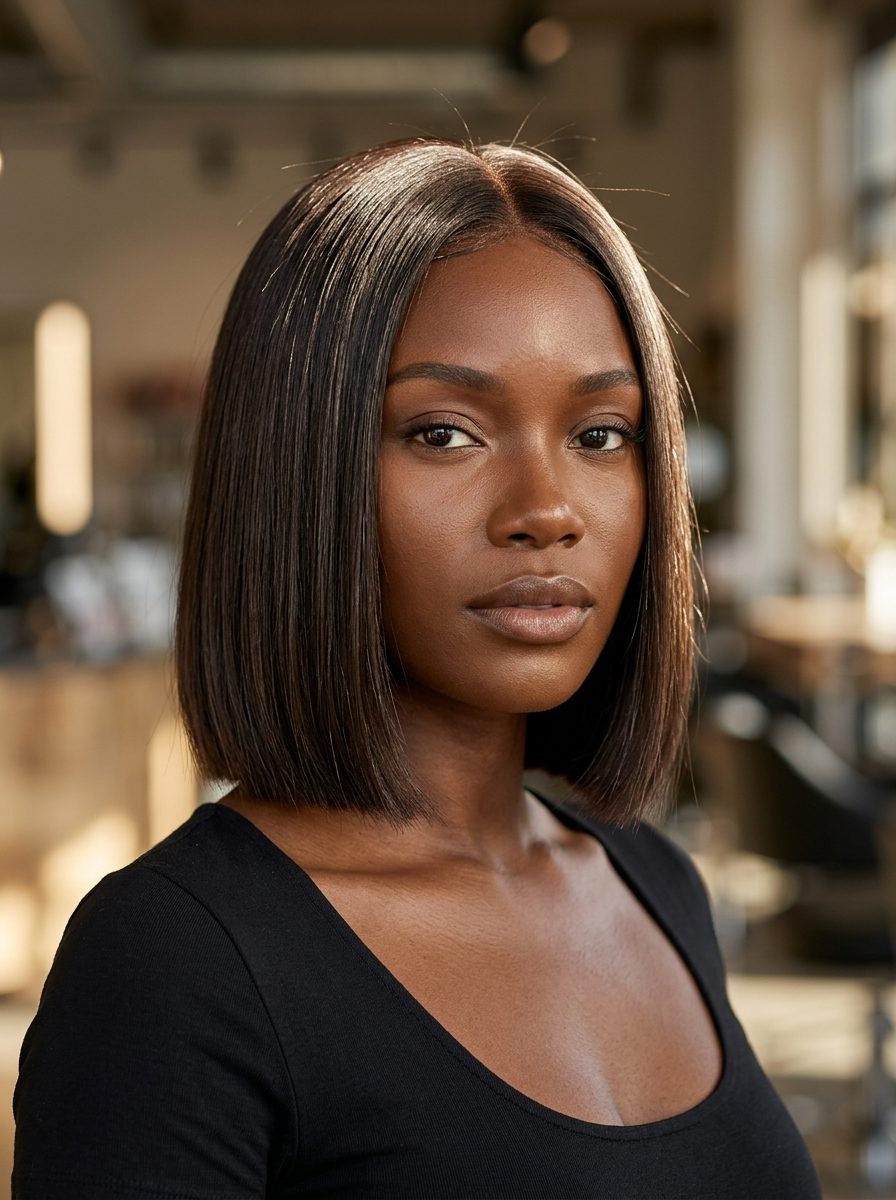 Raw Cacao Bob Hair 2026: Chic & Glossy short blunt bob raw cacao brown hair with monochromatic depth, glass hair finish for summer