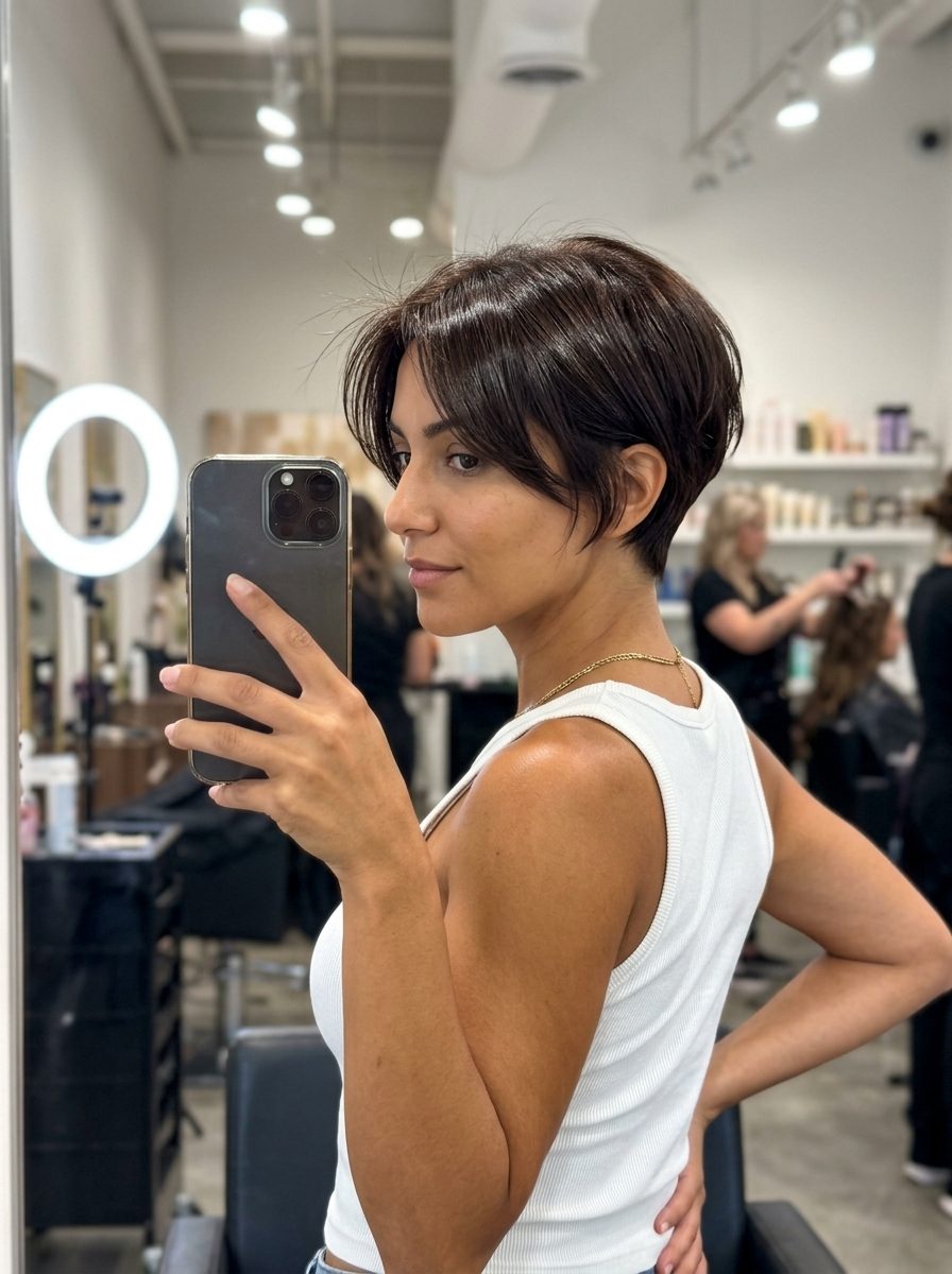 Raw Cacao French Pixie 2026: Minimalist Chic short raw cacao french pixie haircut with cool undertones and blended fringe for minimalist chic