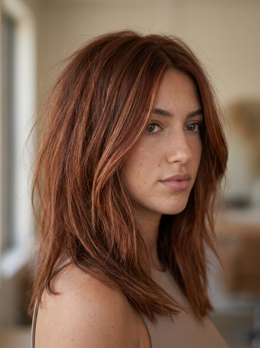long layered raw cinnamon brunette hair color with copper micro-lights, foilayage technique — earthy textured