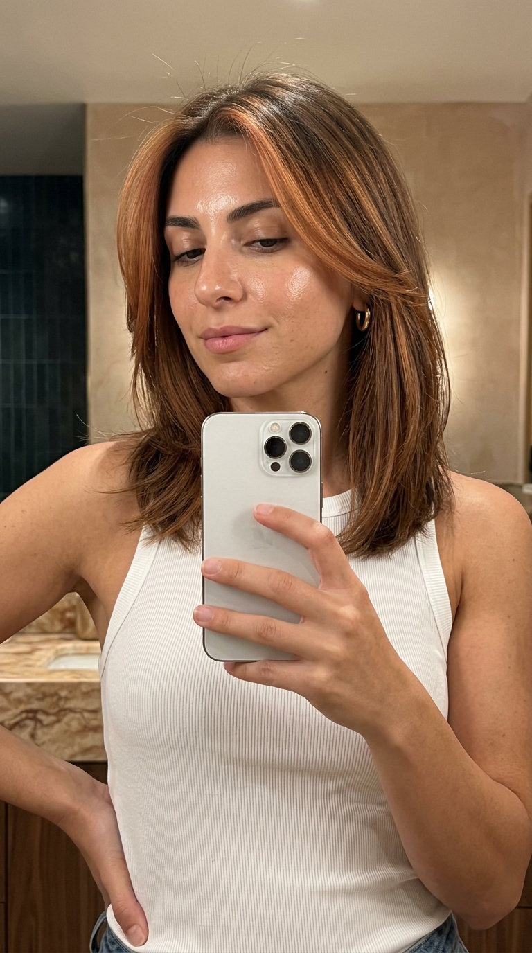 long raw cinnamon face-frame on neutral brunette with desaturated copper-gold for summer