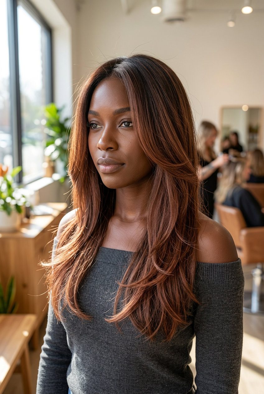 long raw cinnamon shadow root with reddish-brown highlights, soft melt, no fringe — boho chic weekend