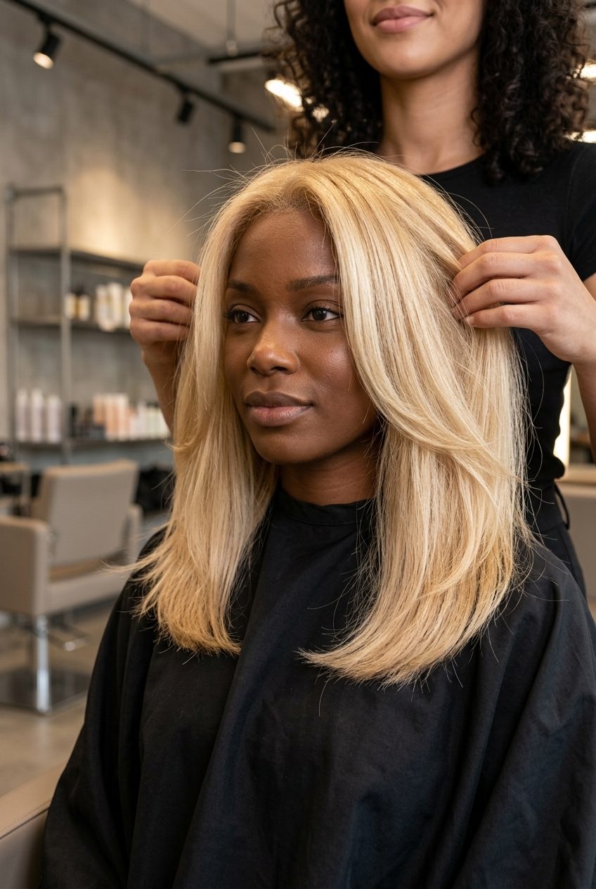 short blunt Italian bob honey blonde hair with buttery gold all-over, minimalist shine for daily wear