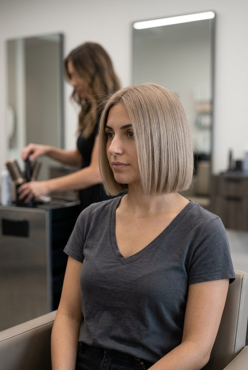 Chic Sand Sculpt: Raw Linen Blonde 2026 chin-length blunt bob in raw linen sandy blonde with cool beige finish and side part