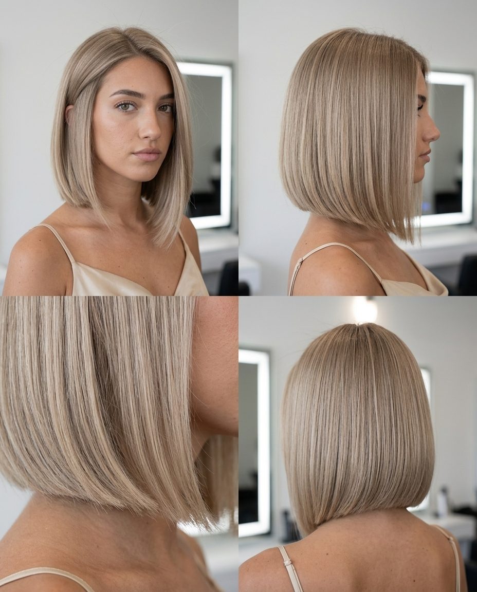 Modern Asymmetrical Sandy Blonde Bob 2026 chin-length asymmetrical bob with raw linen sandy blonde, deep side part — modern