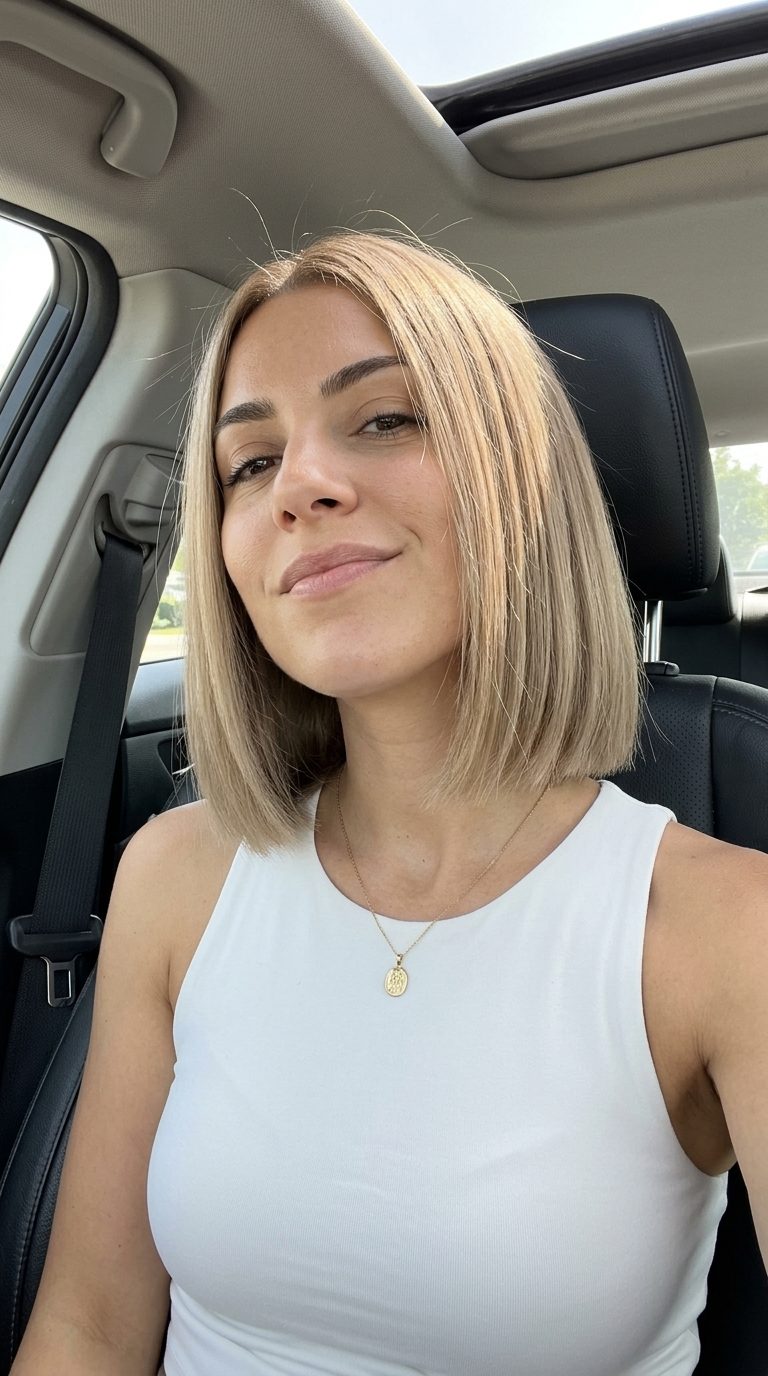The Parisian Precision Bob: Sandy Blonde 2026 chin-length blunt bob with raw linen sandy blonde, soft root smudge, no bangs — sophisticated