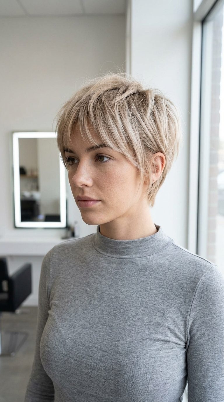 Raw Linen Pixie 2026: Edgy Texture short raw linen sandy blonde pixie crop with wispy bangs and razored texture