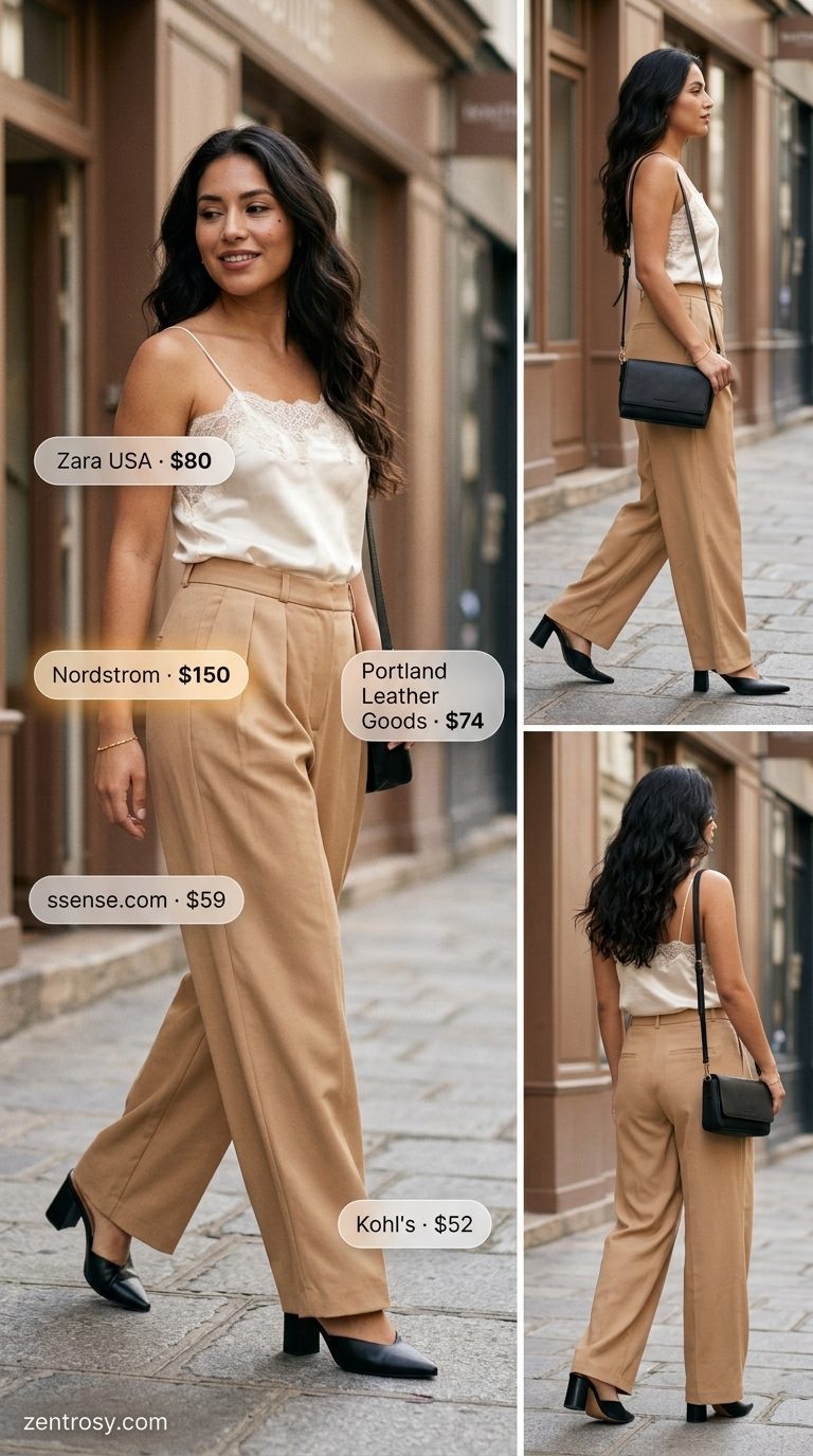 Retro vintage summer outfits for women 2026: Camel wide-leg trousers with ivory camisole.