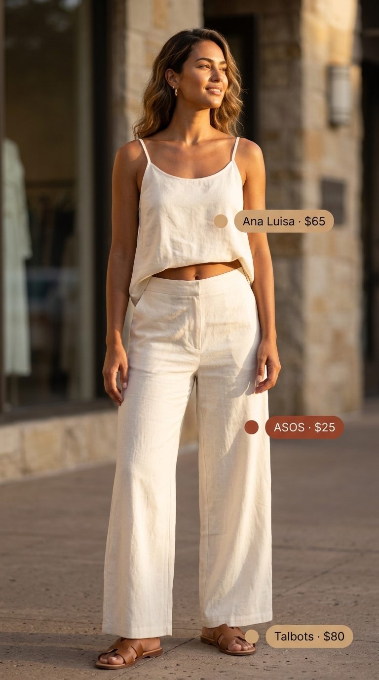 Retro vintage summer outfits for women 2026: Cream linen set with navy accents for beach or brunch.