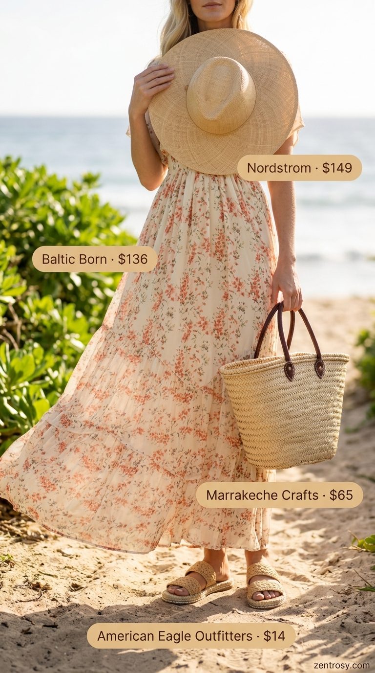 Retro vintage summer outfits for women 2026: Coral floral maxi dress with straw hat.