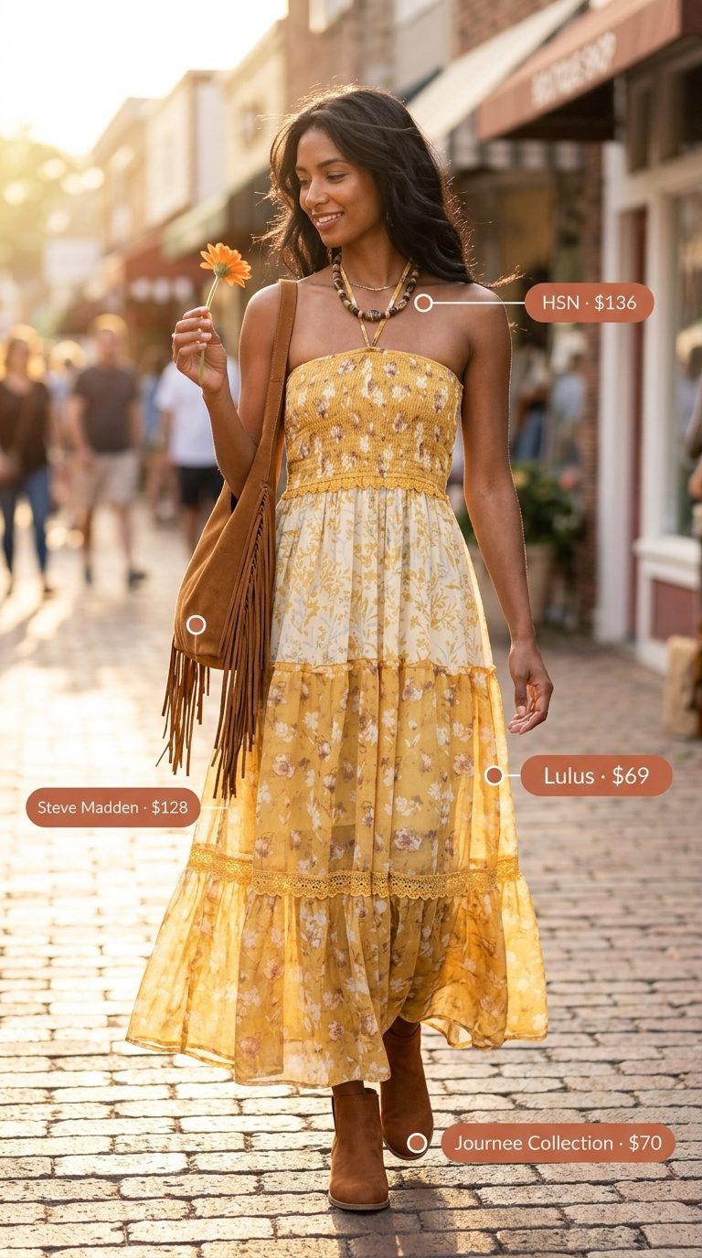 Retro vintage summer outfits for women 2026: Mustard yellow floral maxi dress with boho accessories.