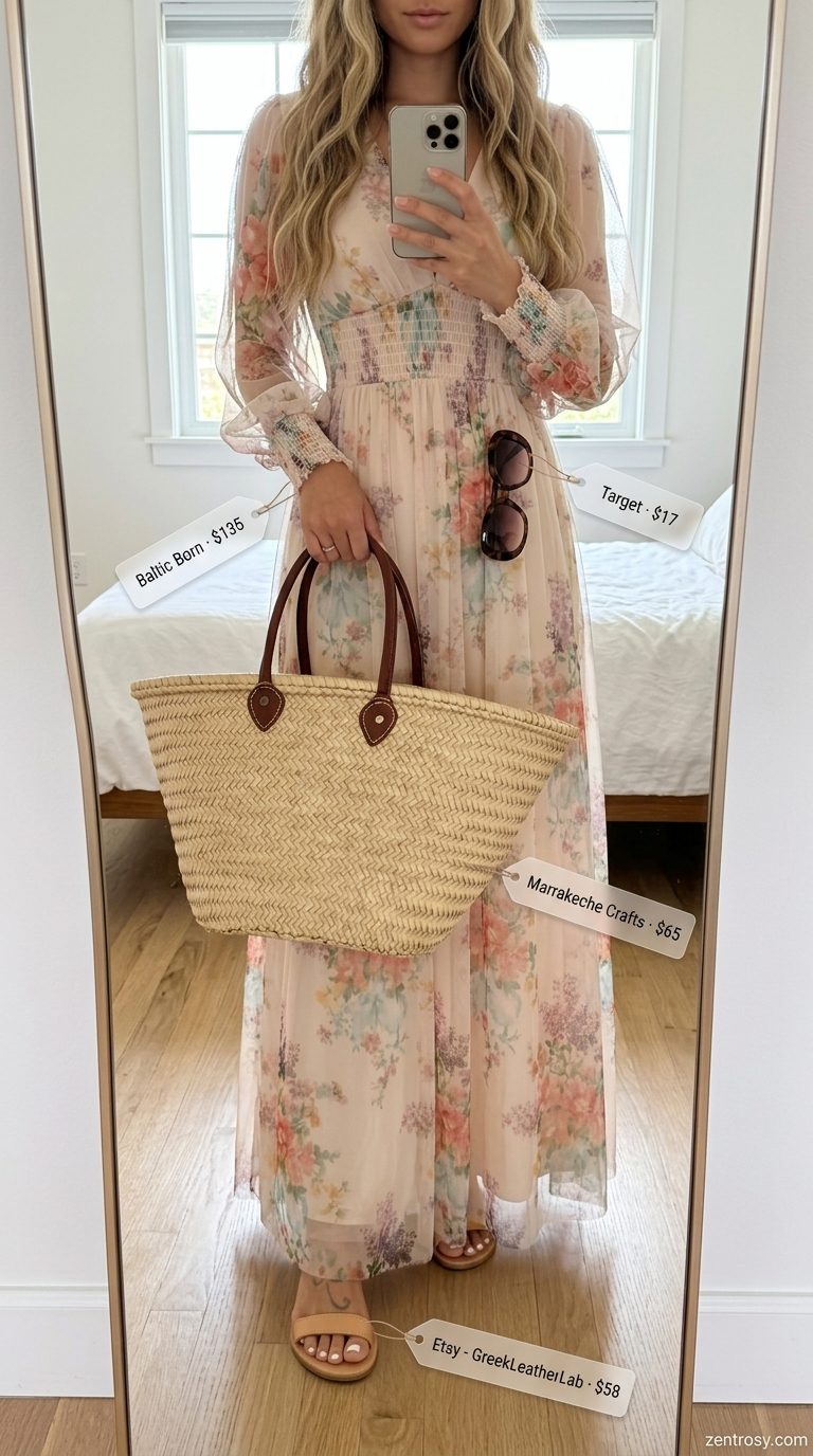 Retro vintage summer outfits for women 2026: Floral maxi dress, tan sandals, straw tote, sunglasses.