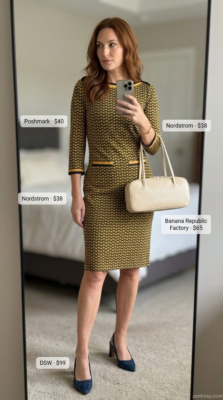 Retro vintage summer outfits for women 2026: Mustard yellow geometric midi dress, navy pumps, cream satchel.