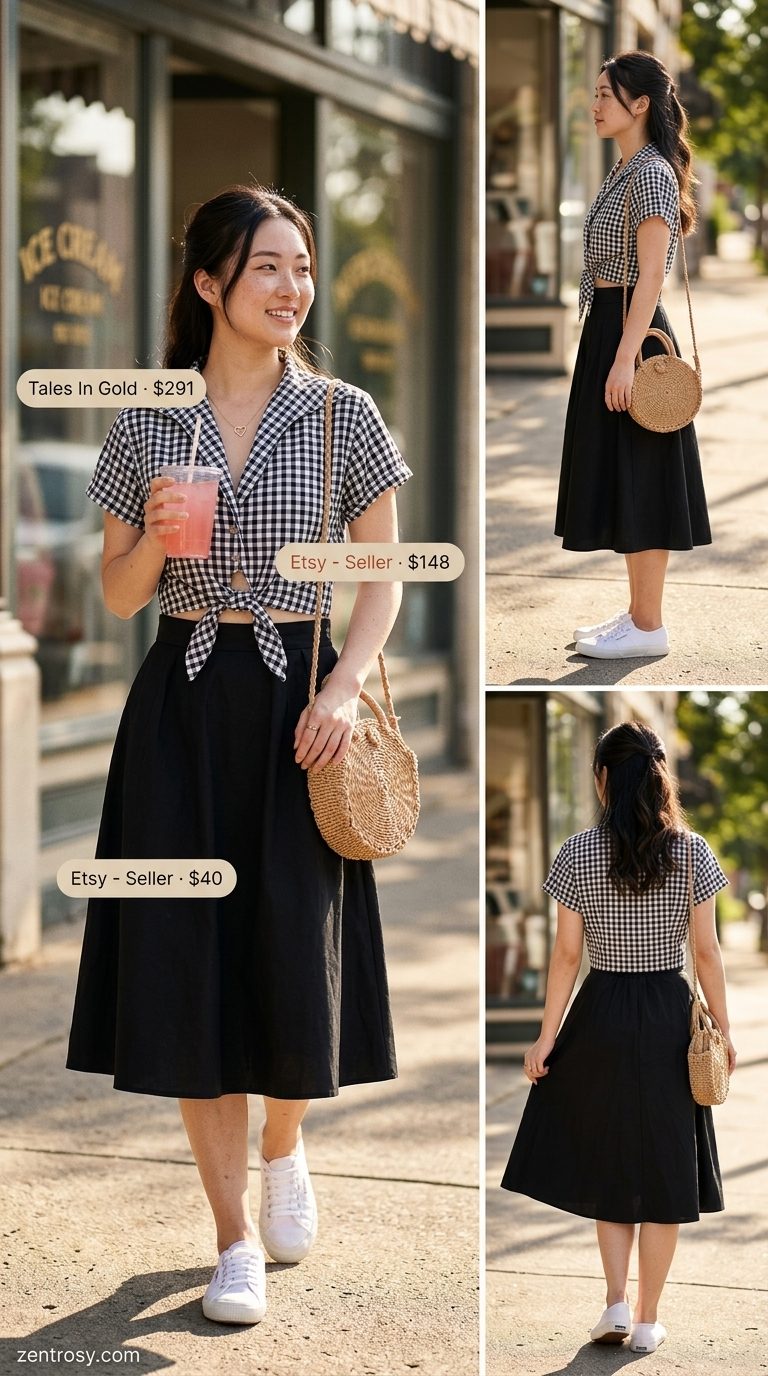 Retro vintage summer outfits for women 2026: Blue gingham matching set, white sneakers, straw crossbody.