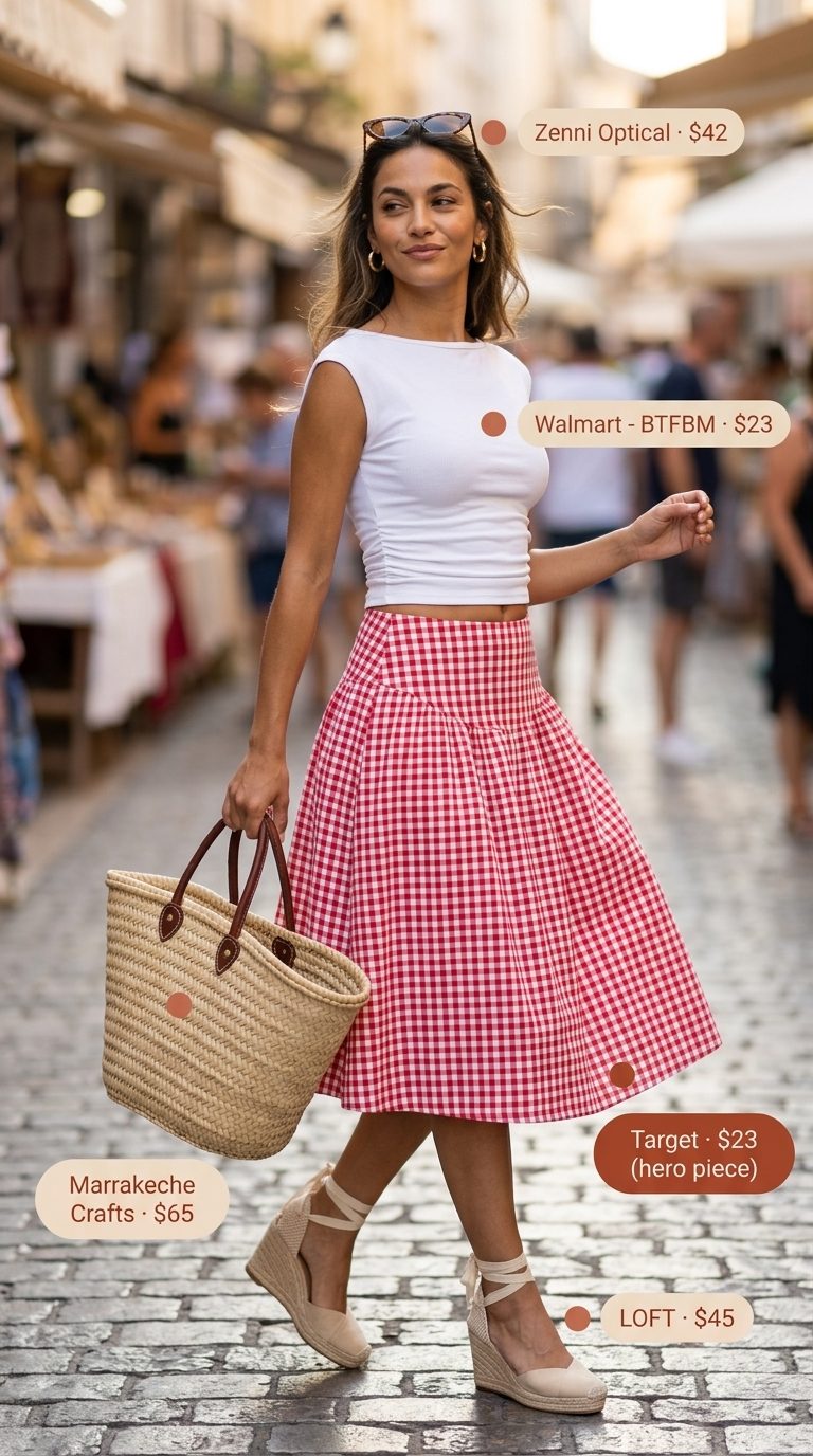 Retro vintage summer outfits for women 2026: Red gingham skirt with white knit top.