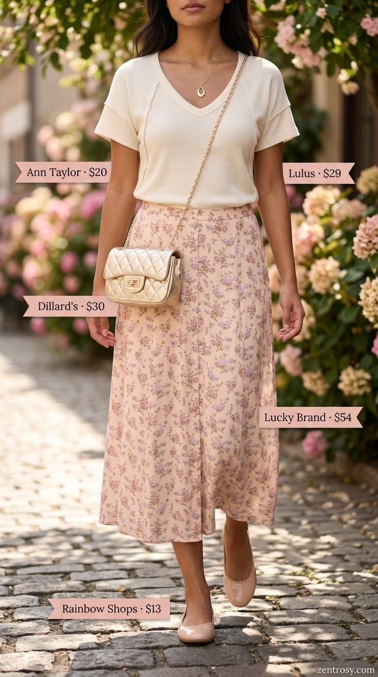 Retro vintage summer outfits for women 2026: Blush pink floral midi skirt, cream knit top, nude flats, gold necklace.
