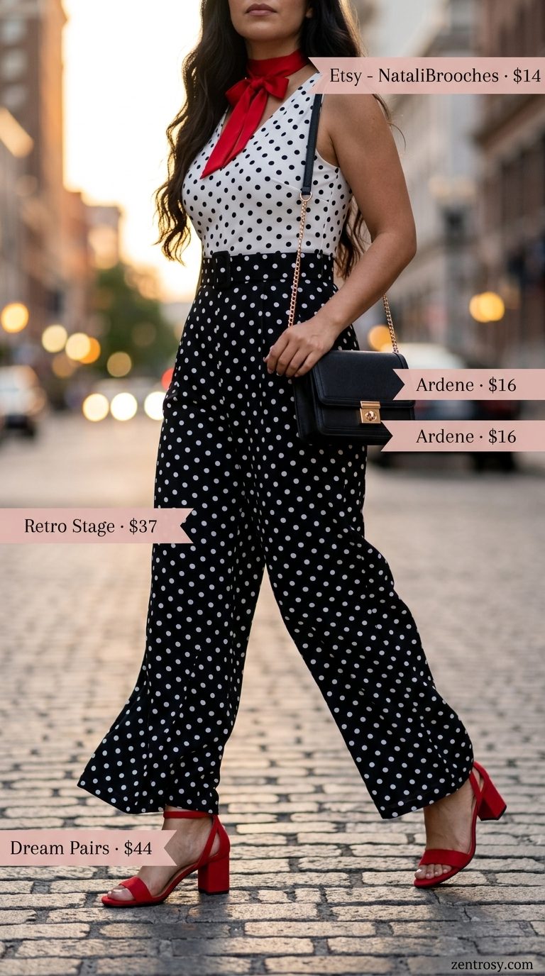 Retro vintage summer outfits for women 2026: Black and white polka dot jumpsuit with red accents.