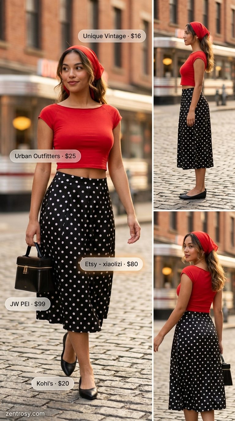 Retro vintage summer outfits for women 2026: Red polka dot midi skirt, black top, bandana, ballet flats.