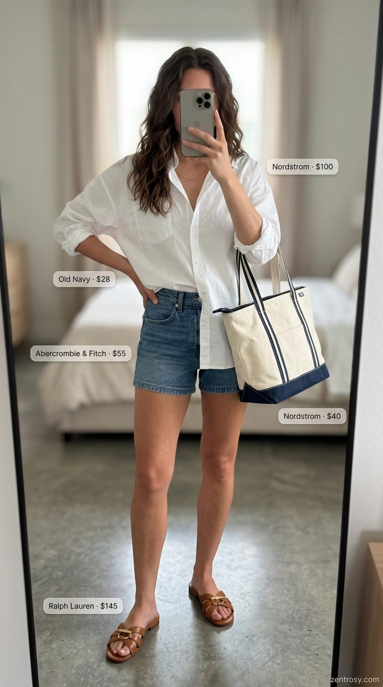 Retro vintage summer outfits for women 2026: White button-down, denim shorts, tan slides, canvas tote.